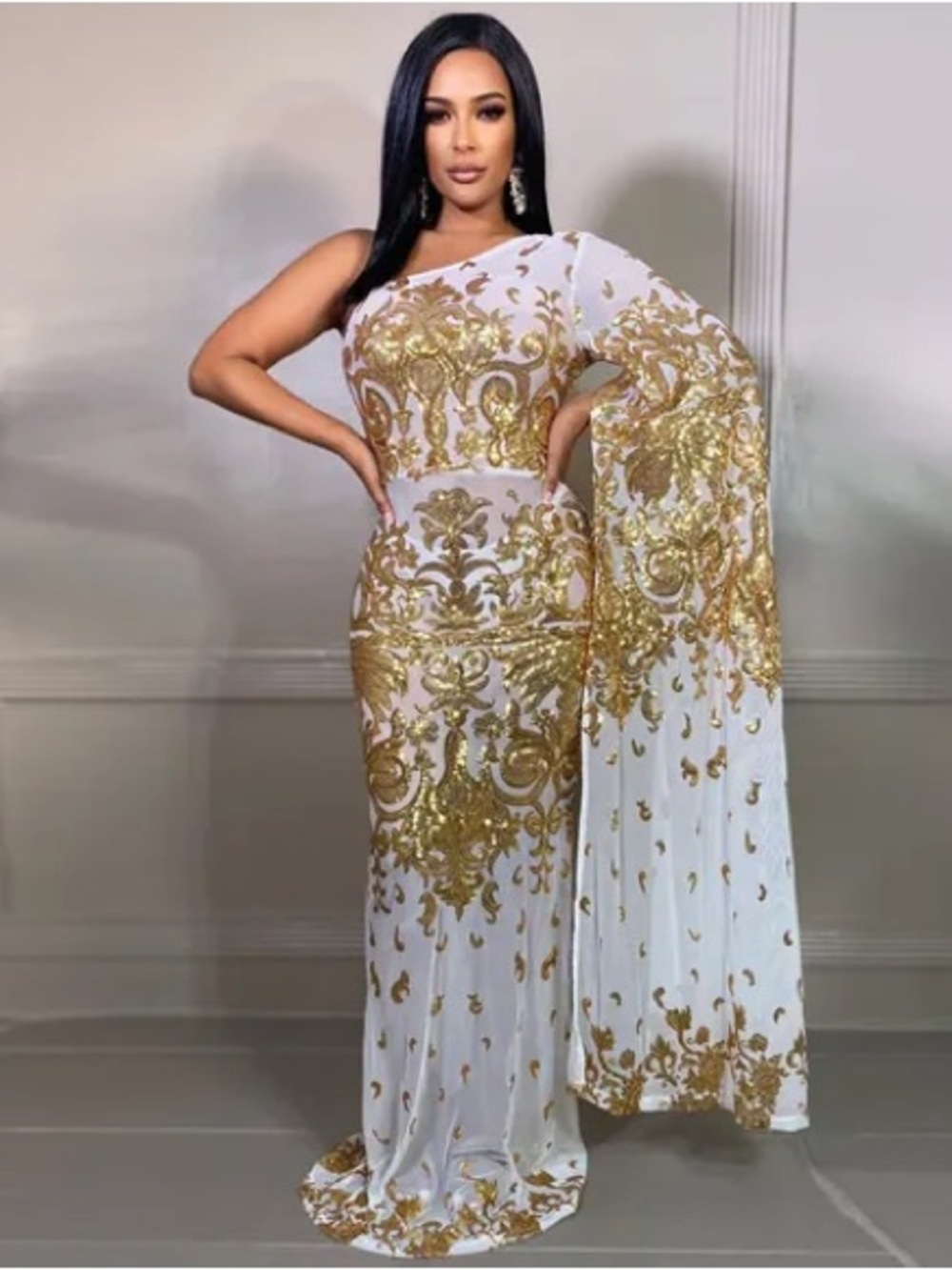 White and Gold One-Shoulder Evening Gown